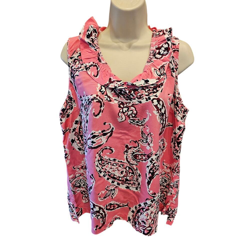 XL crown & Ivy sleevless ruffle collar pink floral paisley top summer casual EUC